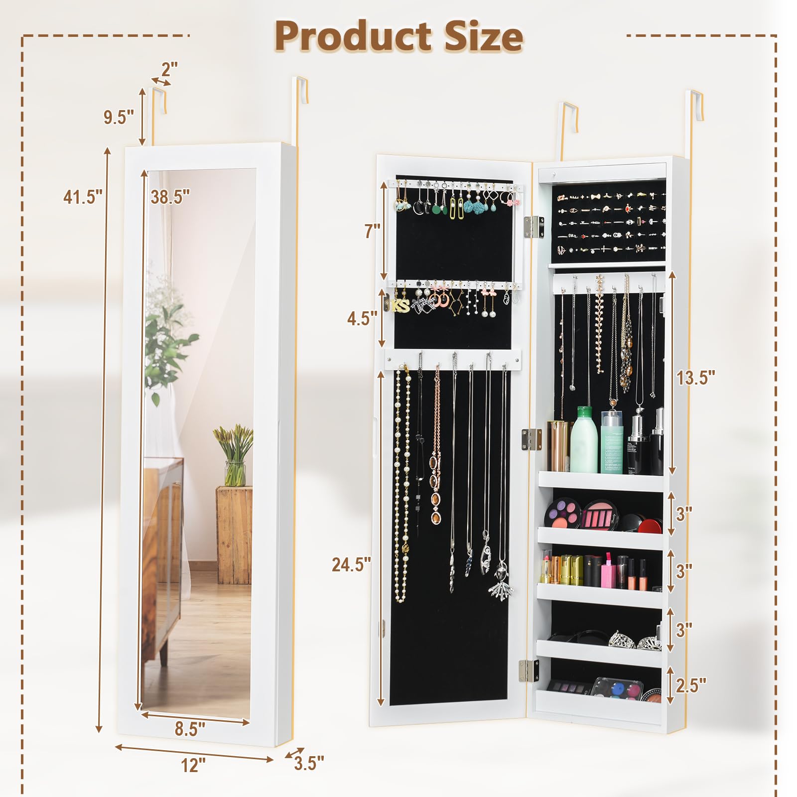 12 LEDs Jewelry Armoire Cabinet, Wall/Door Mounted Full-Length Mirror Jewelry Cabinet with Earring & Rings Slots Necklace Hooks, 5 Storage Shelves for Bedroom Makeups, White - WoodArtSupply