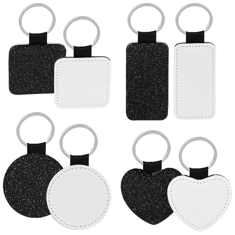 Framendino, 8 Pack Sublimation Blank Keychain Glitter PU Leather Heat Transfer Keyrings Heart Round Square Rectangle Key Chain for DIY Craft Making Framendino