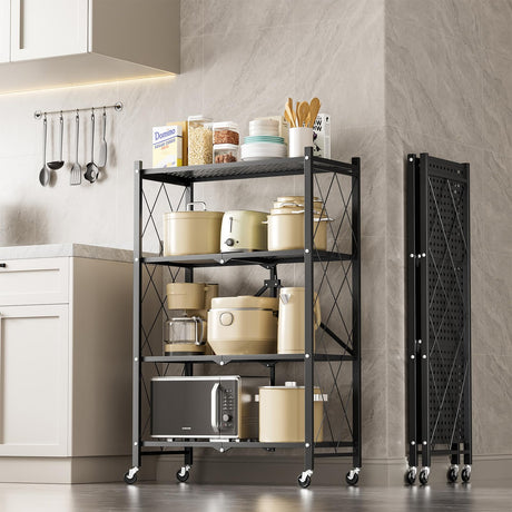 HealSmart Heavy Duty 4-Tier Foldable Metal Rack, 14.96" D x 27.95" W x 49.61" H Storage Shelving Unit 1000 lbs with Wheels Moving Easily Organizer Shelves Great for Garage Kitchen, Black HealSmart