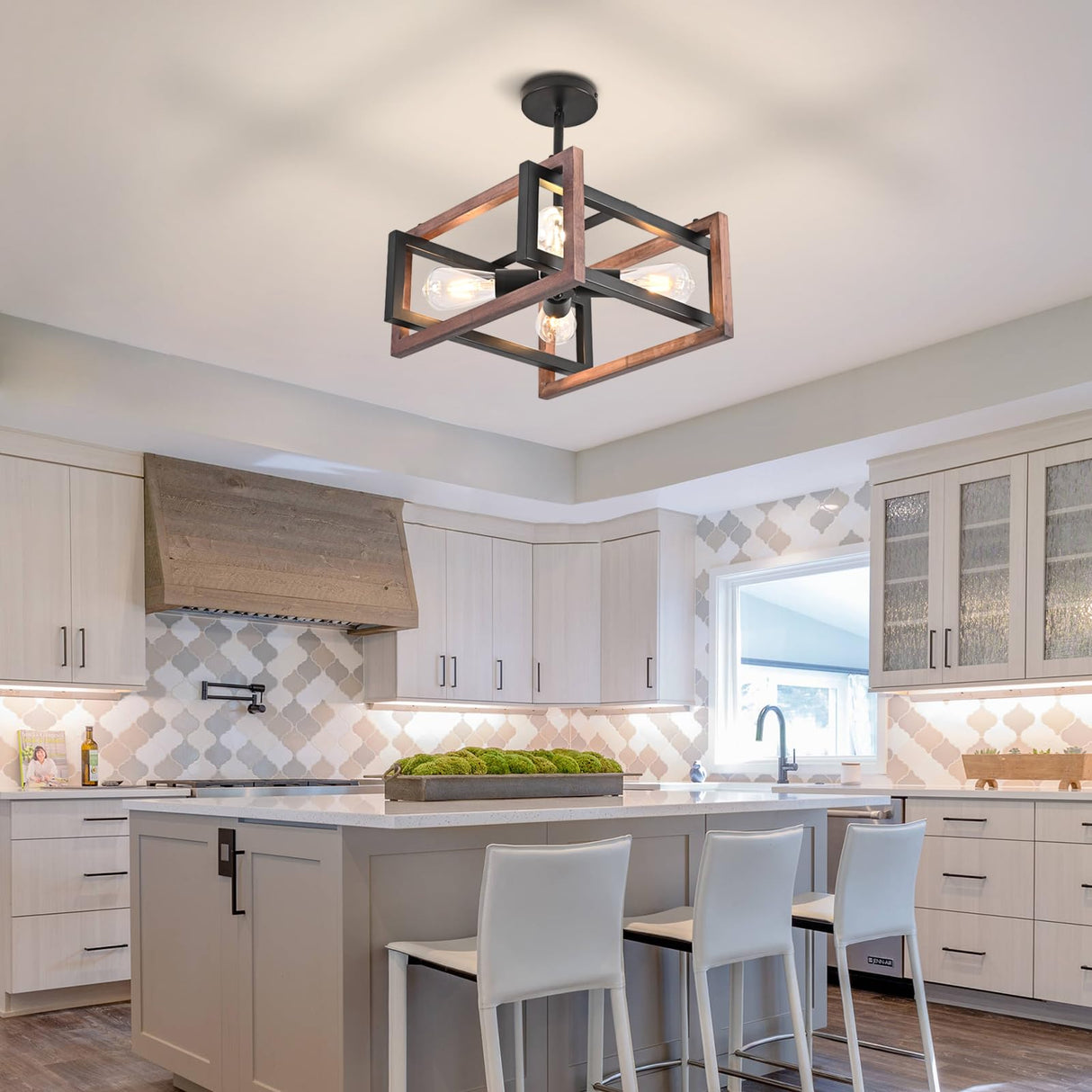 HuisMier 4-Light Farmhouse Ceiling Light Fixtures, Rustic Wood and Metal Semi Flush Mount Ceiling Light Black Industrial Chandelier for Dining Room Hallway Kitchen Entryway Bedroom Living Room HuisMier