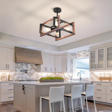HuisMier 4-Light Farmhouse Ceiling Light Fixtures, Rustic Wood and Metal Semi Flush Mount Ceiling Light Black Industrial Chandelier for Dining Room Hallway Kitchen Entryway Bedroom Living Room HuisMier