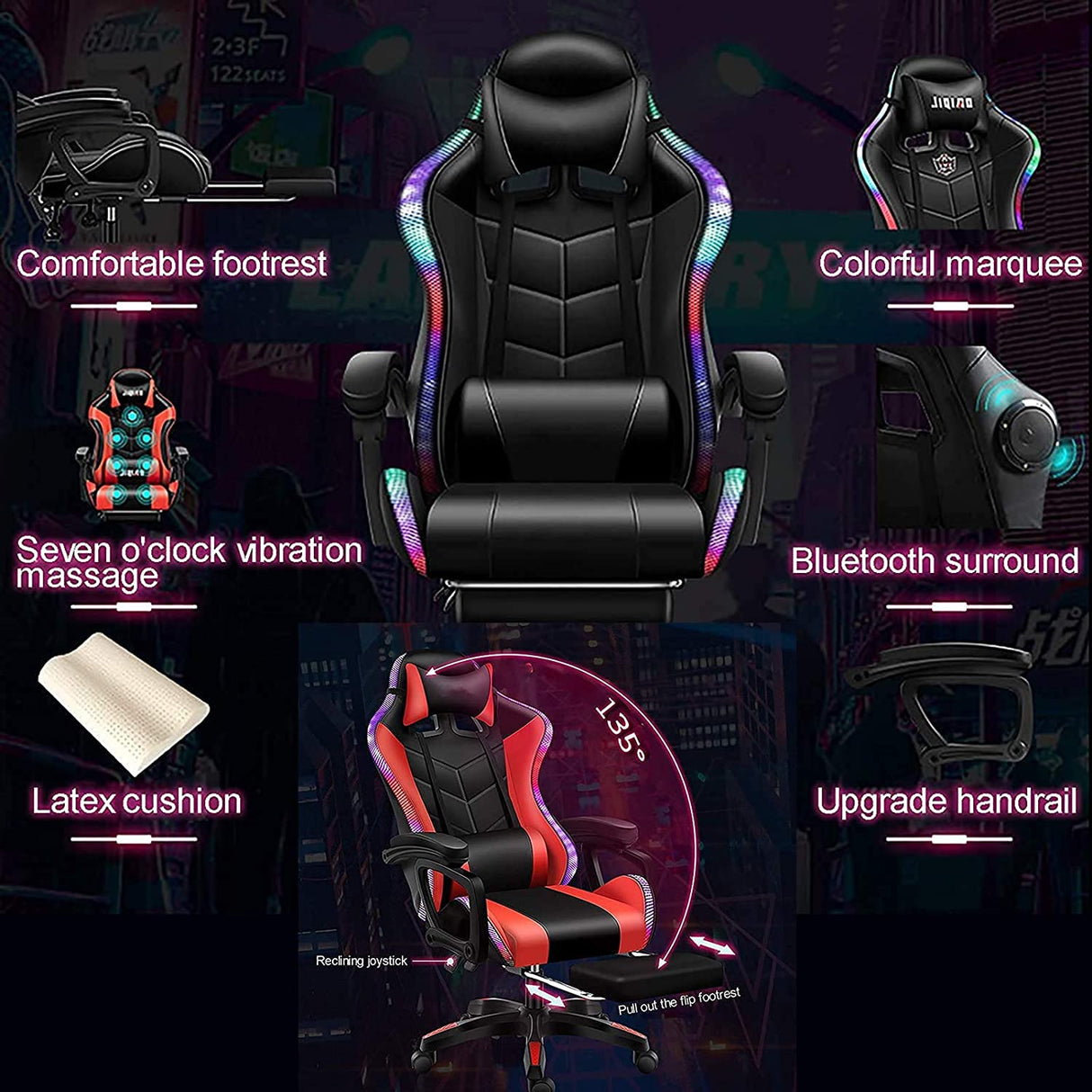 Gaming Chair with Bluetooth Speakers, Video Game Chairs Gaming Lights- Ergonomic Massage Gaming Chair Full Massage Lumbar Support Adjustment of Backrest Dual Gaming Chair… WLYMQFC