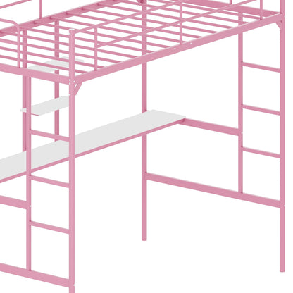 MOOITZ Twin Size Loft Bed with Desk, Multifunctional Metal Loft Bed Frame with Ladder and Full Guardrail, Space-Saving, Noise Free, Modern Industrial Style, (Pink, Twin Size Loft Bed with Desk)