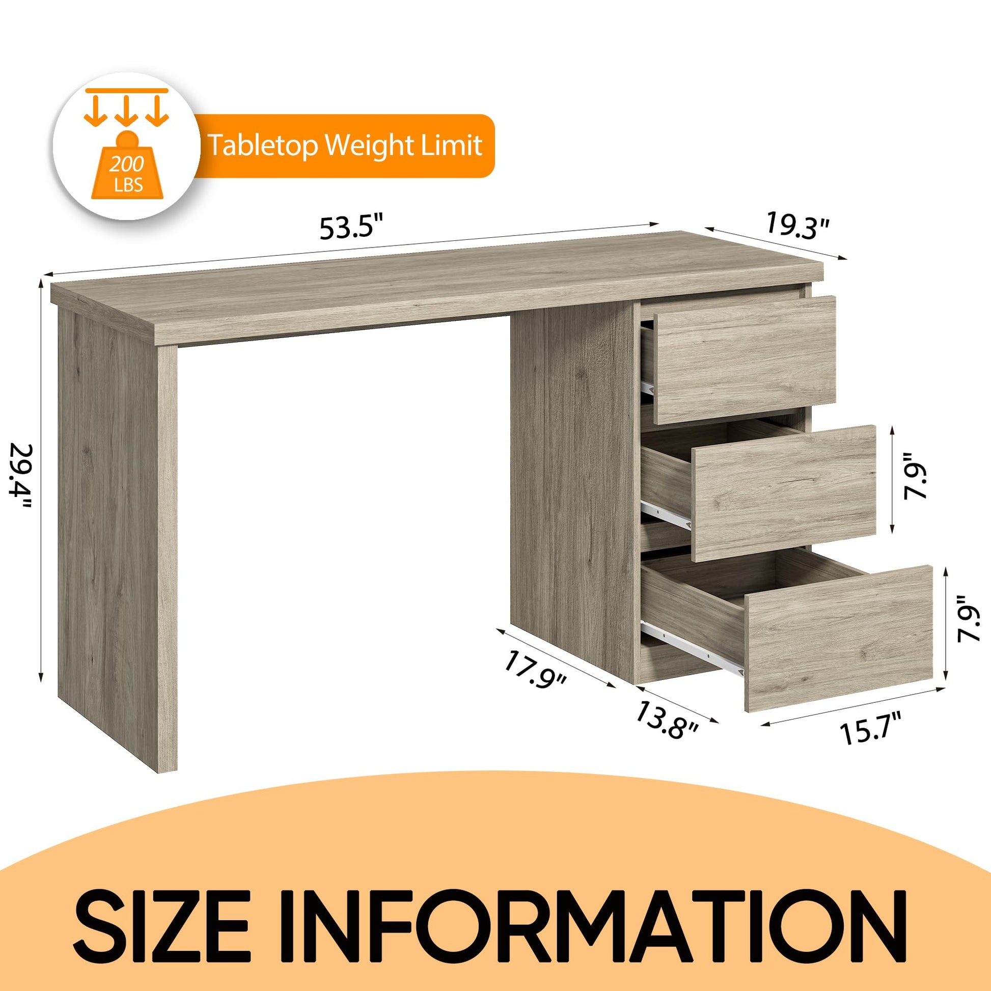 furtble Computer Desk with drawers, Wood Work Desk, Home Office PC Desk Workstation with Storage, Farmhouse Computer Table for Bedroom, Living Room, 53.5 inches, Grey Oak - WoodArtSupply