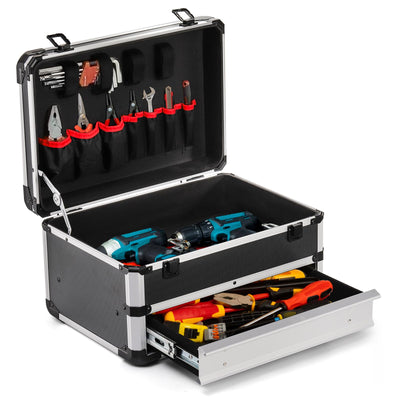 WRINGKIT Tool Box, Portable Tool Storage Box with Metal Lock, Aluminum Alloy Hard Craftsman Tool Organizer Case with Drawer for Office, Warehouse, Gym, School