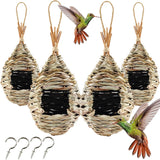 TIHOOD 4PCS 9.2 x 4 Inches Hand Woven Hummingbird House,Bird Hut and Hummingbird Houses Nest, Small Hanging Bird & Chickadee House for Finch & Canary in Outdoor TIHOOD