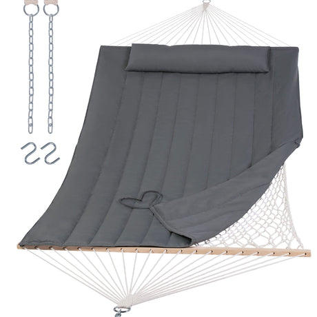 SUNCREAT Hammocks 2 Person Hammock with Hardwood Spreader Bar, Double Rope Hammock with Polyester Pad, Dark Gray SUNCREAT