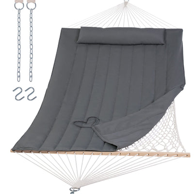 SUNCREAT Hammocks 2 Person Hammock with Hardwood Spreader Bar, Double Rope Hammock with Polyester Pad, Dark Gray