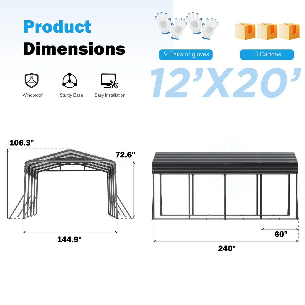 AirWire Carport Canopy 12’X20’ Heavy Duty Car Port Galvanized Steel Roof, Reinforced Stable Triangle Frame for Snowy Windy Metal Carports Enhanced Base Car Tent for Car,RV,Pickup,Boat,Truck,Tractor AirWire