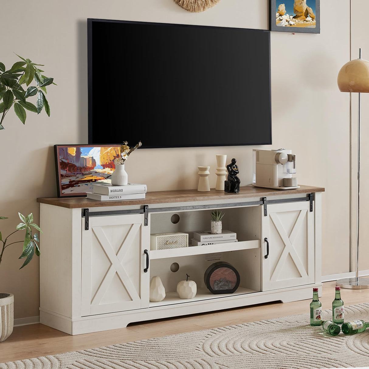 AMERLIFE 66" Farmhouse TV Stand for 75 Inches TVs, Entertainment Center with Sliding Barn Door and Adjustable Shelf & Feet, Console Table with Storage, Distressed White & Rustic AMERLIFE