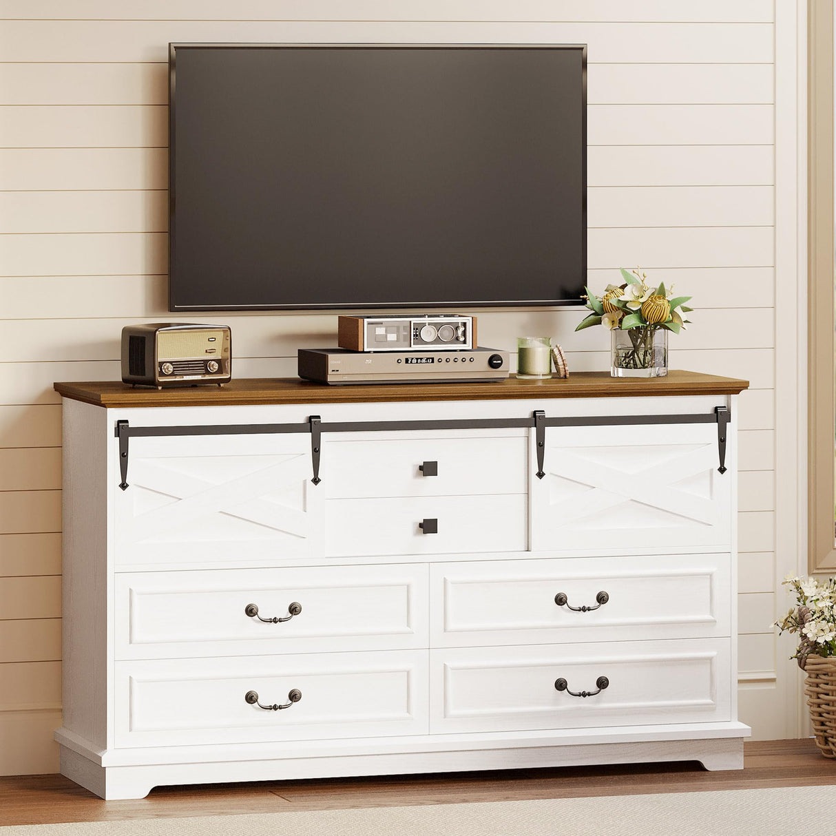 IRONCK Farmhouse 6 Drawers Dresser for Bedroom, 55.1" Large Wooden Chest of Drawers with Sliding Barn Door, White/Walnut IRONCK