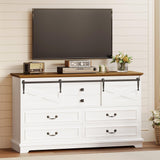 IRONCK Farmhouse 6 Drawers Dresser for Bedroom, 55.1" Large Wooden Chest of Drawers with Sliding Barn Door, White/Walnut IRONCK