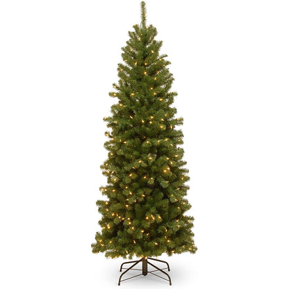 National Tree Company Pre-Lit Artificial Slim Christmas Tree, Green, North Valley Spruce, White Lights, Includes Stand, 6 Feet