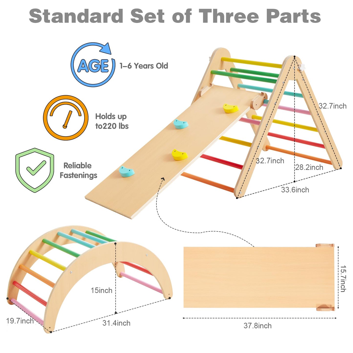 Beright 4 in 1 Pikler Triangle Gym, Montessori Foldable Climber with Ramp, Indoor Climbing Toys for Kids, Climbing Triangle for Toddlers Arch Climber, Rocker, Learning Waldorf Children Toy, Rainbow