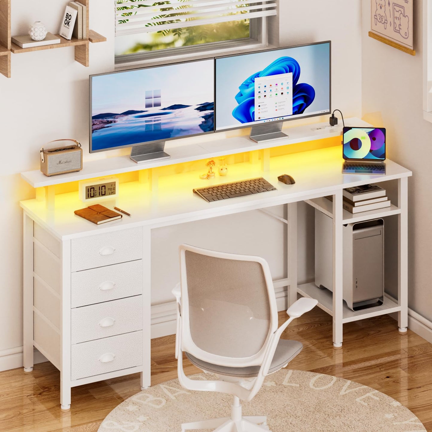 Furologee 61 Inch Desk with Power Outlets and LED Lights, Computer Desk with 4 Removable Drawers, White Office Desk with Long Monitor Stand, Large Gaming Desk with Shelves for Home Office/Bed - WoodArtSupply