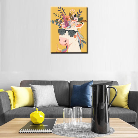 Smiling Unicorn Wearing Shades Straw Hat Paint by Number Dreamy Animal Flowers Painting DIY Painting on Canvas with Brushes Paints Paint by Numbers for Adults and Beginner 16x20 Inch（without Frame） Tucocoo