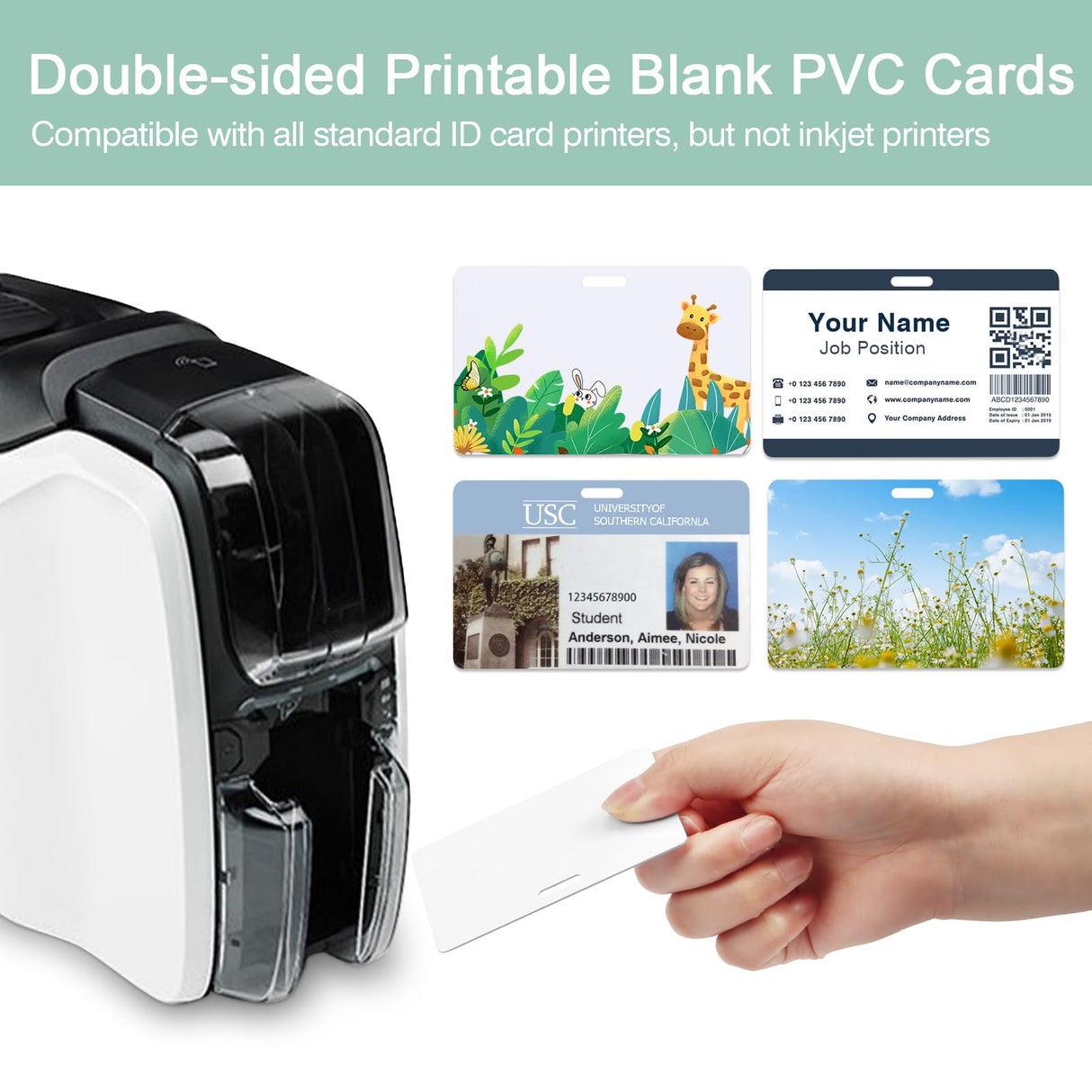 100 Pack Premium Blank PVC Cards with Slot Punch on Long Side - Horizontal Slot Punch Blank ID Cards- CAETOUNG CR80 30 Mil Graphic Quality White Plastic Cards for Photo ID Badge Printers CAETOUNG