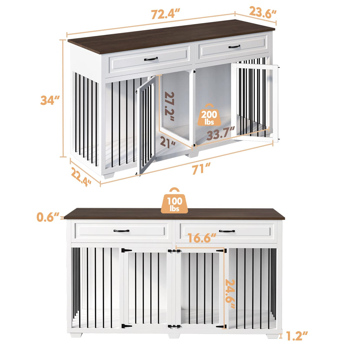 PIAOMTIEE Dog Crate Furniture, 72.4 Inch Wooden Dog Kennel, Modern Decorative Dog Crate End Table, Dog House with Double Doors, Drawers, Divider, Indoor Dog Cage for Large Medium Dogs, White PIAOMTIEE