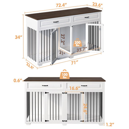 PIAOMTIEE Dog Crate Furniture, 72.4 Inch Wooden Dog Kennel, Modern Decorative Dog Crate End Table, Dog House with Double Doors, Drawers, Divider, Indoor Dog Cage for Large Medium Dogs, White - WoodArtSupply