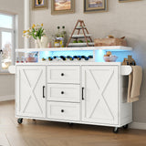 Rolling Kitchen Island Cart with Storage, Kitchen Island on Wheels with LED Lights & 3 Drawers, Side Table with Spice Rack & Towel Rack, Large Mobile Islands Table for Dining Room, White Gyfimoie