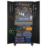 GLADIW Garage Storage Cabinet with Wheels, Metal Storage Cabinet with 1 Drawers and 2 Adjustable Shelves, Lockable Storage Cabinet with Pegboards for Homes, Offices, Kitchens, Schools and Pantries GLADIW