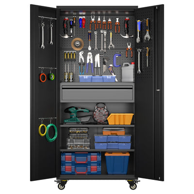 GLADIW Garage Storage Cabinet with Wheels, Metal Storage Cabinet with 1 Drawers and 2 Adjustable Shelves, Lockable Storage Cabinet with Pegboards for Homes, Offices, Kitchens, Schools and Pantries