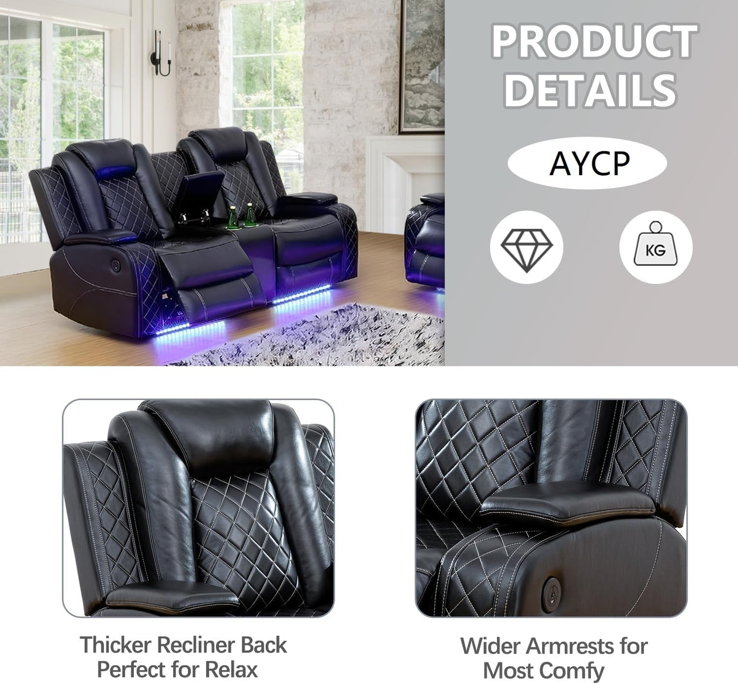 AYCP Multifunction Power Air Leather Recliner Sofa Set with LED Lights, Living Room Furniture, Reclining Sofa, loveseat, Chair with USB Port/Storage (Black, Loveseat+2 Chairs)