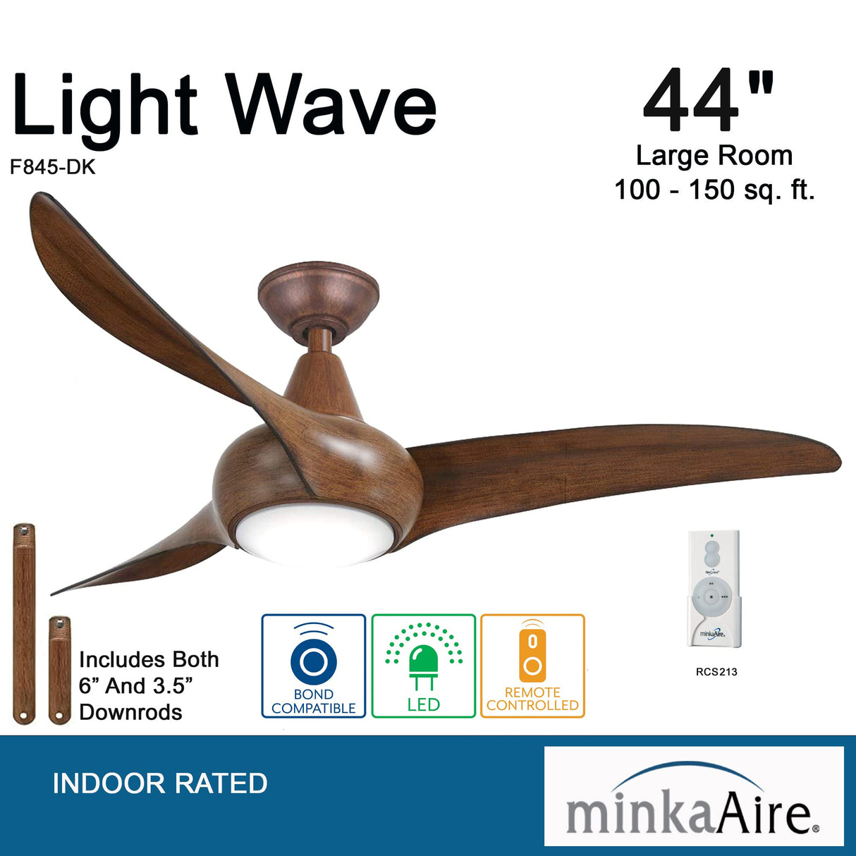 MINKA-AIRE F845-DK Light Wave LED 44" Distressed Koa Low Profile Ceiling Fan with Light, Remote Control and 3.5 Inch Downrod MINKA-AIRE
