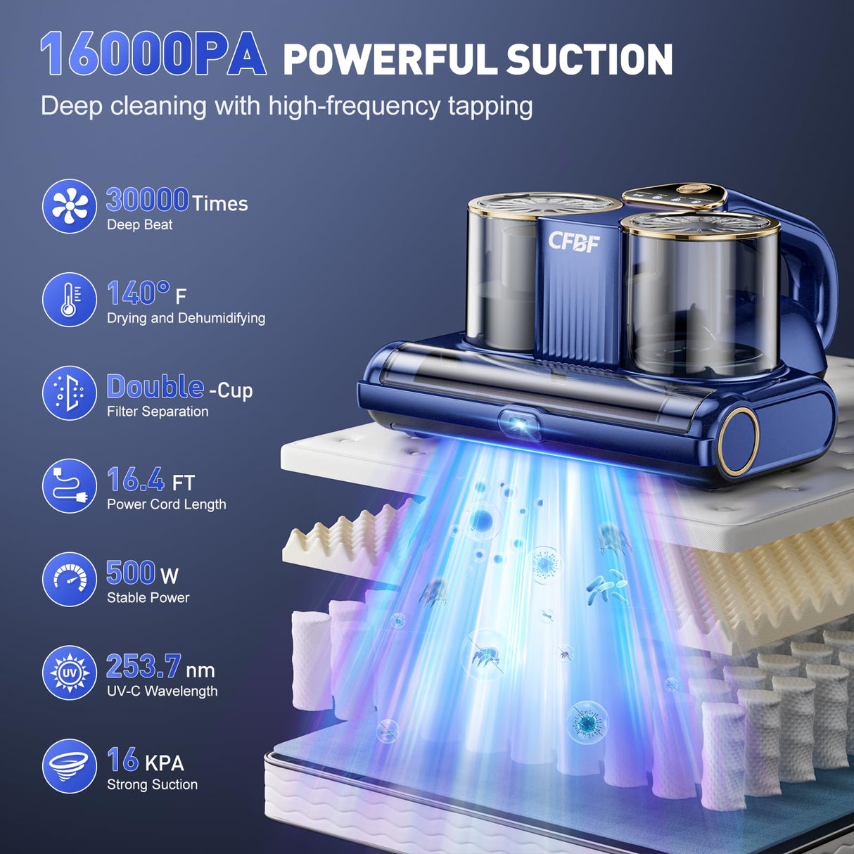 CFBF Mattress Vacuum Cleaner, Bed Vacuum Cleaner with 16Kpa Suction 253.7nm UV-C Light, Ultrasonic & High Heating, 500W Powerful Double-Cup Handheld Vacuums for Bed, Sofa, Couch, Crib, 16.4FT Corded CFBF