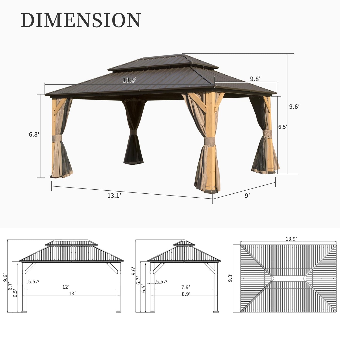 Domi 10'x14' Cedar Wood Gazebo with Double Roof Steel Hardtop,Solid Wood Frame Gazebo,Curtains and Netting Included for Garden, Backyard