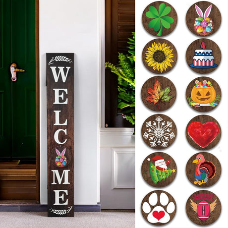Wind Resistant Long Welcome Sign for Front Door Porch Standing, Interchangeable Wood Door Signs Welcome Door Decors for Home Outdoors, with 12 Seasonal Hangers Welcoming every Seasons Mrocioa