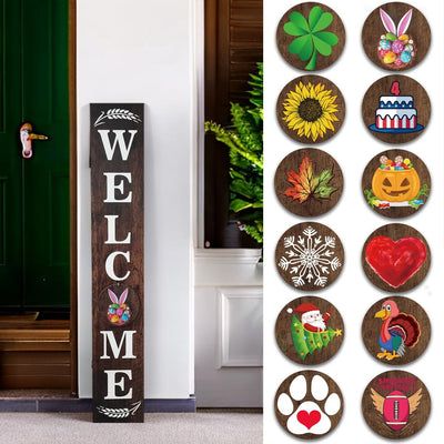 Wind Resistant Long Welcome Sign for Front Door Porch Standing, Interchangeable Wood Door Signs Welcome Door Decors for Home Outdoors, with 12 Seasonal Hangers Welcoming every Seasons