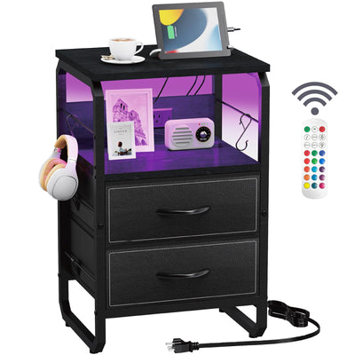 runjuly Nightstand with Light, LED End Table with Drawers and Charging Station Type C Port, Small Bedside Table with Hooks, Storage Dresser Side Table for Living Room, Bedroom, Dorm, Black