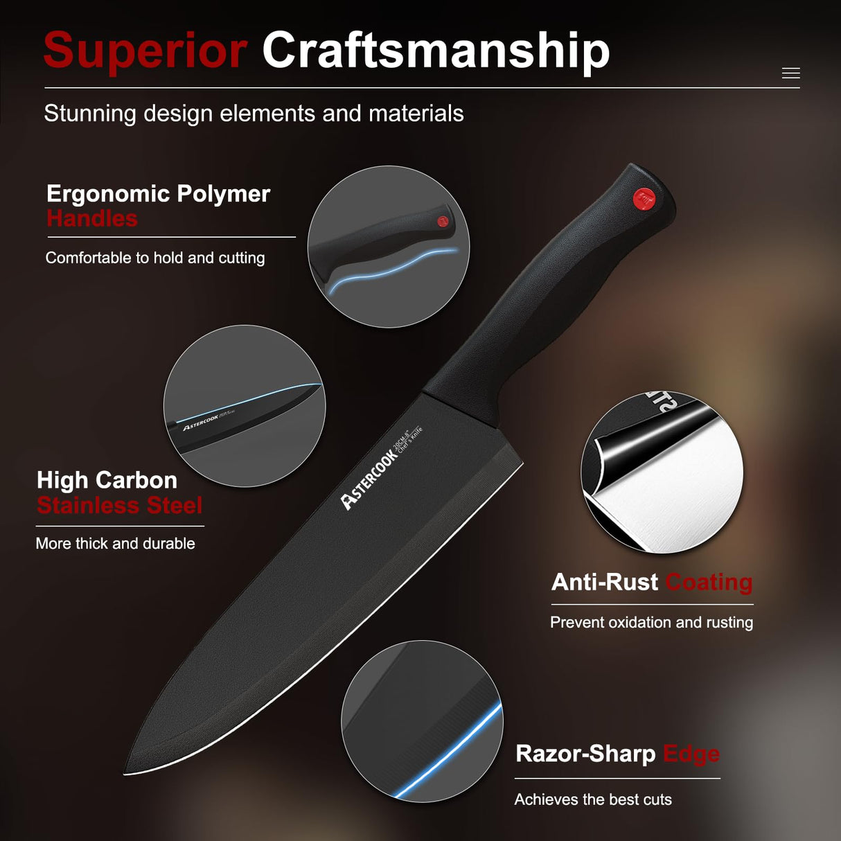 Astercook 15 Piece Knife Set with Sharpener Block - German Stainless Steel, Dishwasher Safe Kitchen Knives with Built-In Sharpener, Black Astercook