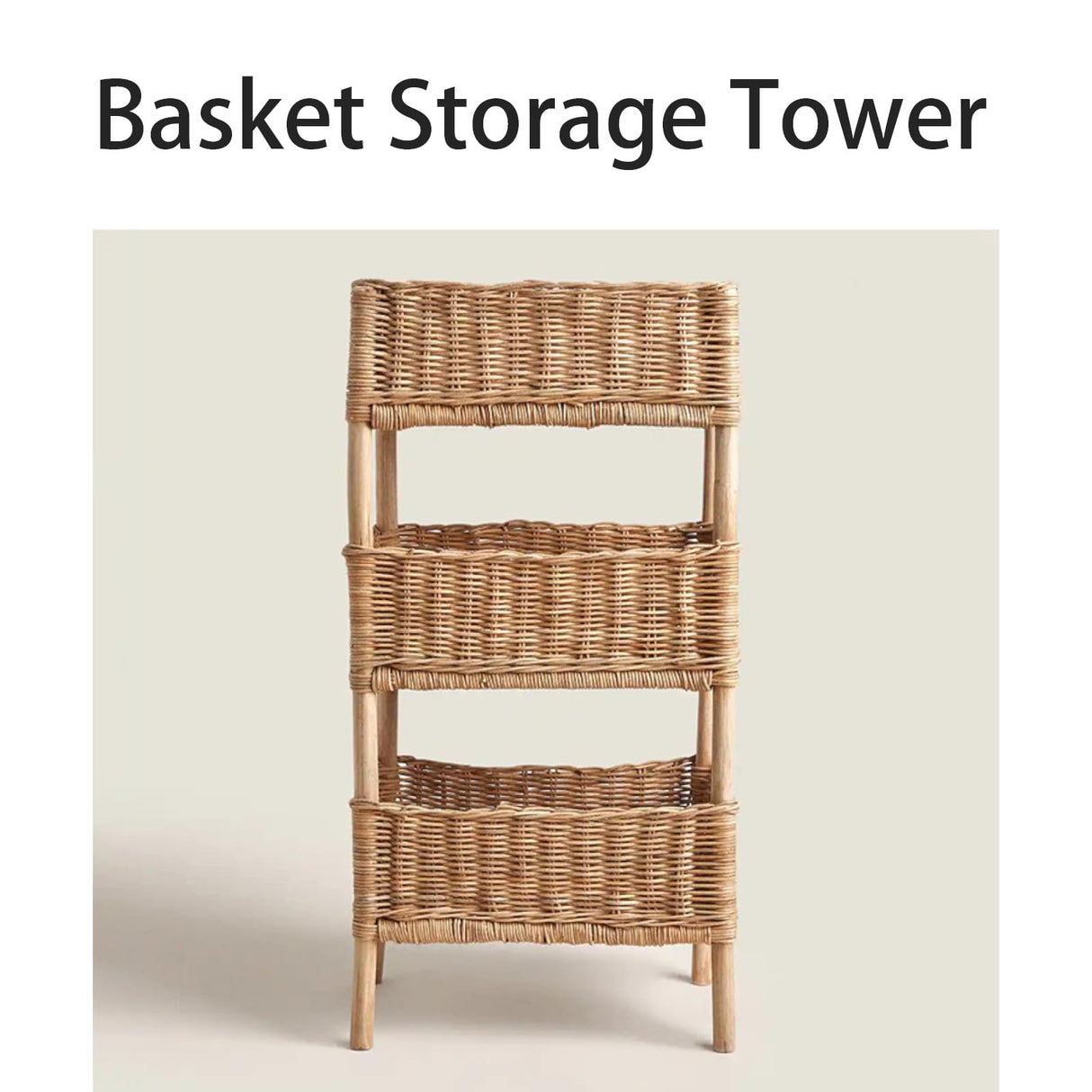 DJHK docor 3 Tier Wicker Basket Stand Storage Tower with Display Rack Standing Shelf Cabinet for Living Room, Bedroom, Kitchen, Bathroom DJHK docor