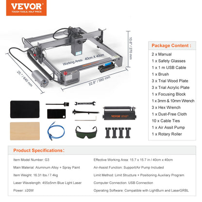 VEVOR, 20W Output Engraving Machine, 15.7" x 15.7" Large Working Area 10000mm/min Movement Speed, Compressed Spot with Rotary Roller, Laser Cutter for Wood, Metal, Acrylic, Gray - WoodArtSupply