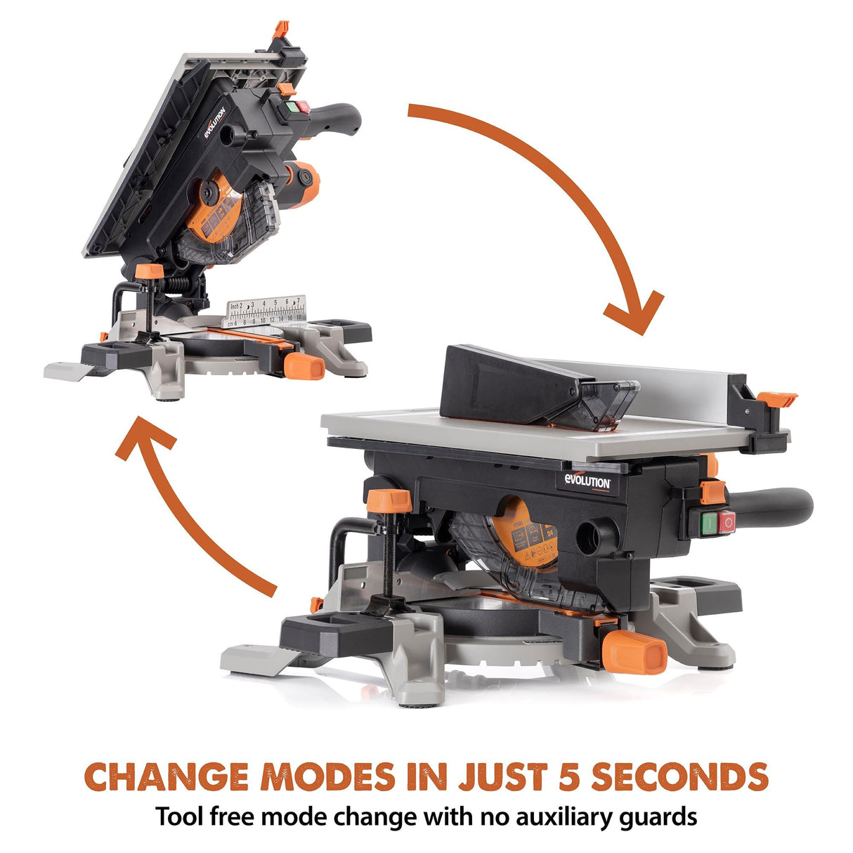 Evolution R8MTS | 8-1/4” Convertible Miter/Table Saw | Multi-Function Saw | 0-45° Bevel & +/- 45° Miter | Multi-Material Cutting: Wood, Plastic, Metal | Compact, Powerful 12A Motor | TCT Blade Incl EVOLUTION