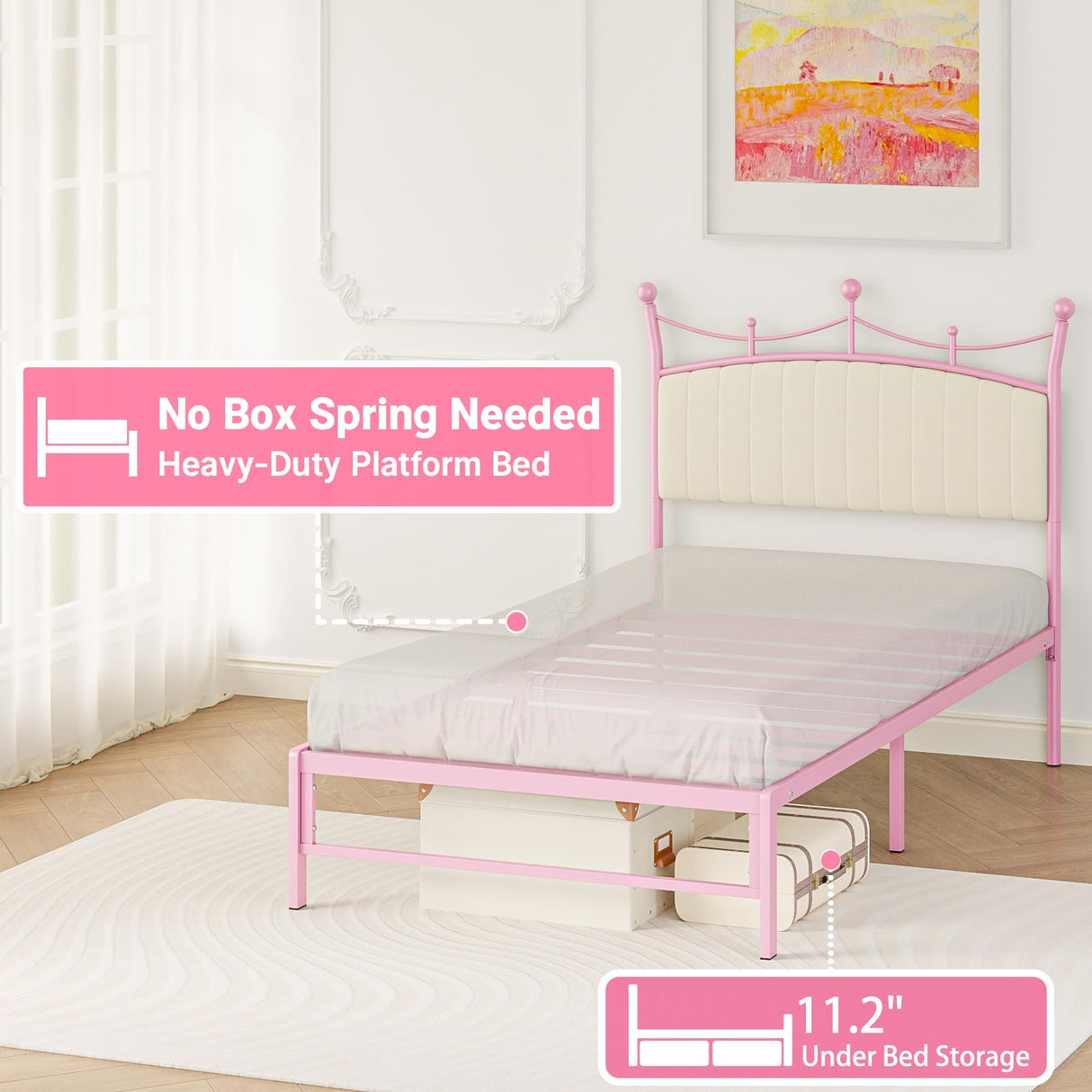 Weehom Twin Upholstered Bed Frame with Headboard, Velvet Bed Frame Metal Platform No Box Spring Needed Easy Assembly Twin Bed for Kids Adults Pink Weehom