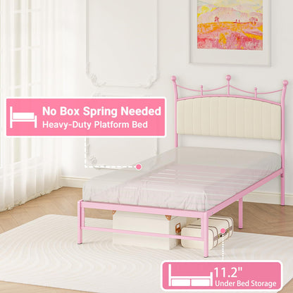 Weehom Twin Upholstered Bed Frame with Headboard, Velvet Bed Frame Metal Platform No Box Spring Needed Easy Assembly Twin Bed for Kids Adults Pink