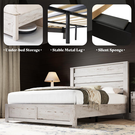 AMERLIFE Farmhouse Queen Size Bed Frame with 49" Fluted Headboard, Wood Platform Bed with Natural Grain, No Box Spring Needed/Noise Free, Distressed White AMERLIFE