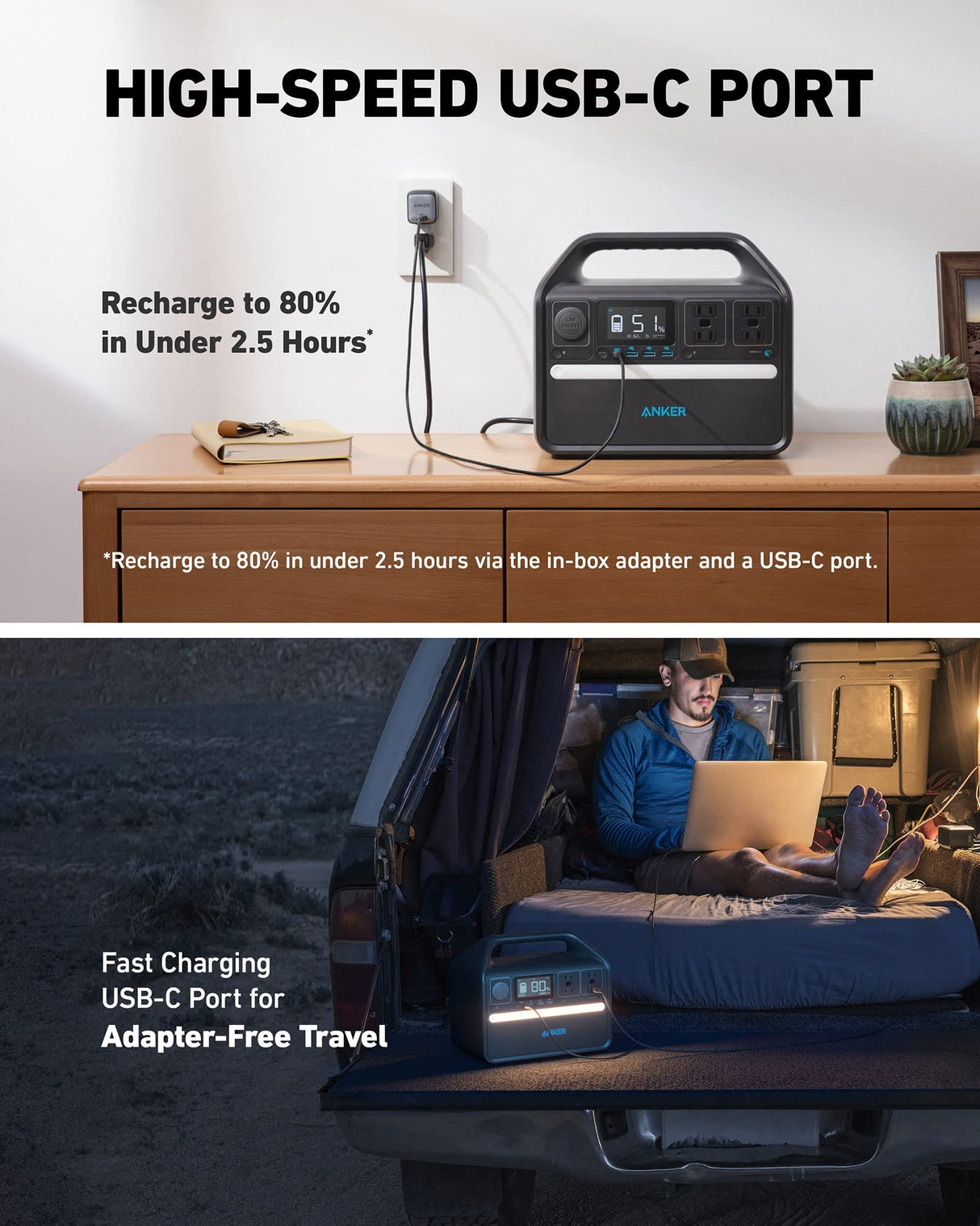 Anker 535 Portable Power Station, 512Wh Solar Generator (Solar Panel Optional) with LiFePO4 Battery Pack, 500W 9-Port Powerhouse, 4 AC Outlets, 60W USB-C PD Output, LED Light for Outdoor Camping, RV Anker