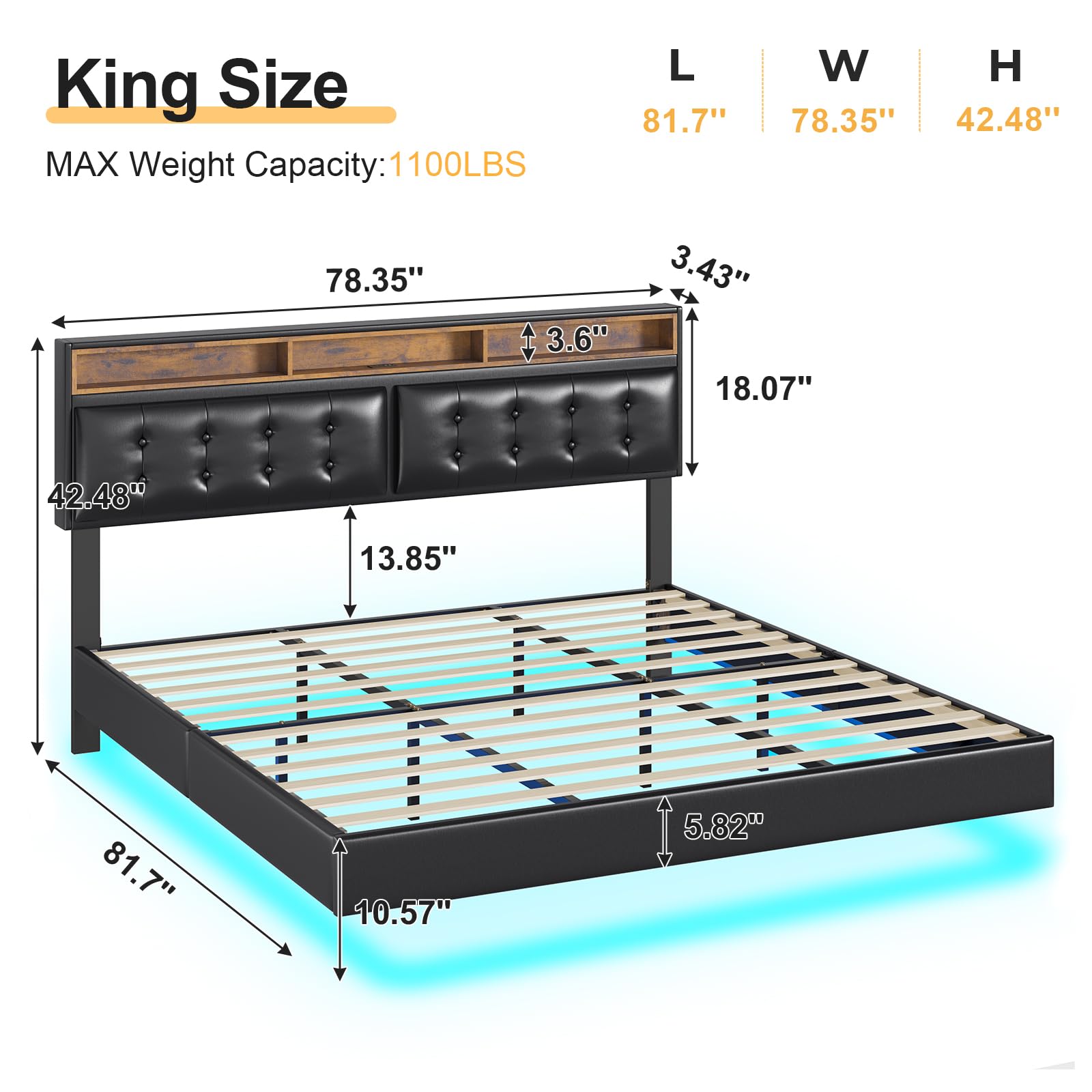 DICTAC King Size Floating Bed Frame with LED Lights and Tufted Faux Leather Headboard - Modern Storage Solution in Black - WoodArtSupply