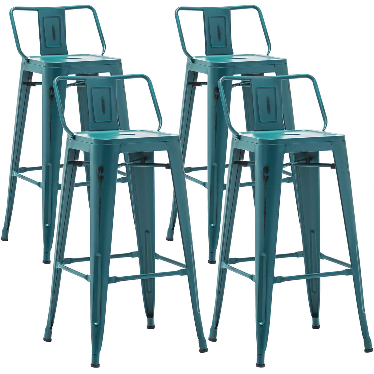 Aklaus Metal Bar Stools Set of 4 Barstools Bar Height Bar Stools with Back Industrial Bar Stool Indoor Outdoor Stools Kitchen Dining Chairs Modern Bar Chairs Distressed Teal Blue 30inch Stools Aklaus