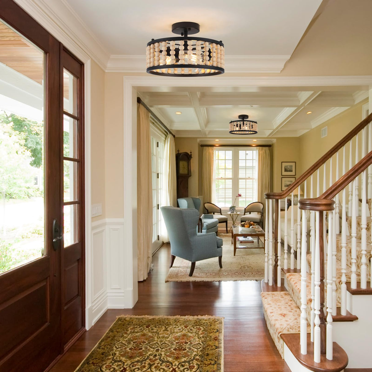 Luupyia Wood Bead Ceiling Light 3Lights, 12.79Inches Vintage Boho Ceiling Light Fixture Small Chandeliers Semi Flush Mount Mid Century Retro Overhead Lighting for Bedroom Foyer Hallway, E26 Luupyia