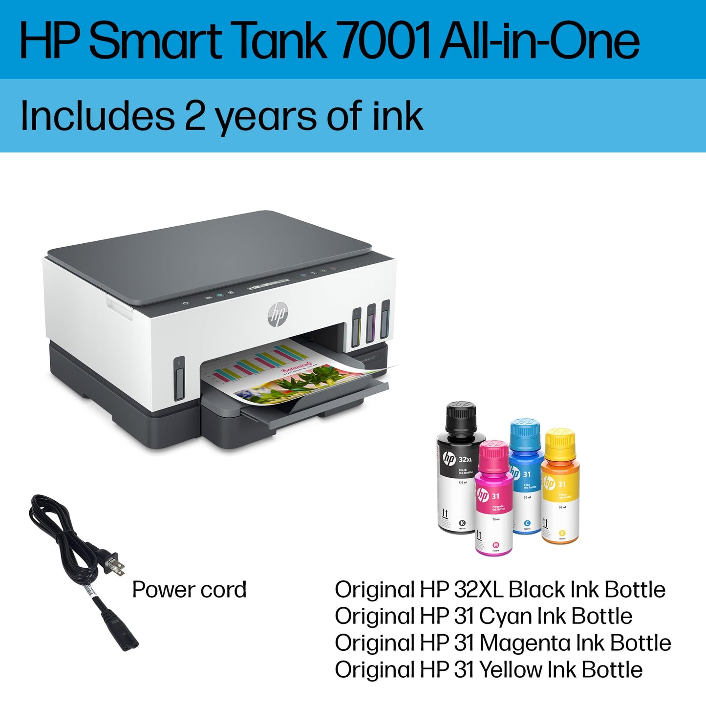 HP Smart -Tank 7001 Wireless All-in-One Cartridge-free Ink -Tank Printer, up to 2 years of ink included, mobile print, scan, copy (28B49A)