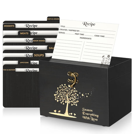 CypherX Wooden Recipe Box - 50 Blank Recipe Cards and Box Set - Recipe Card Organizer Box with 8 Wood Dividers - Gifts for Cooking Lovers | Best Housewarming and Bridal Shower Gift, Black CypherX