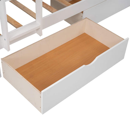 Wood Triple Bunk Bed with Drawers, L-Shaped Bunk Beds for 3, Twin Over Twin Bunk Bed with a Loft Bed Attached for Kids, Teens, Adults (White)