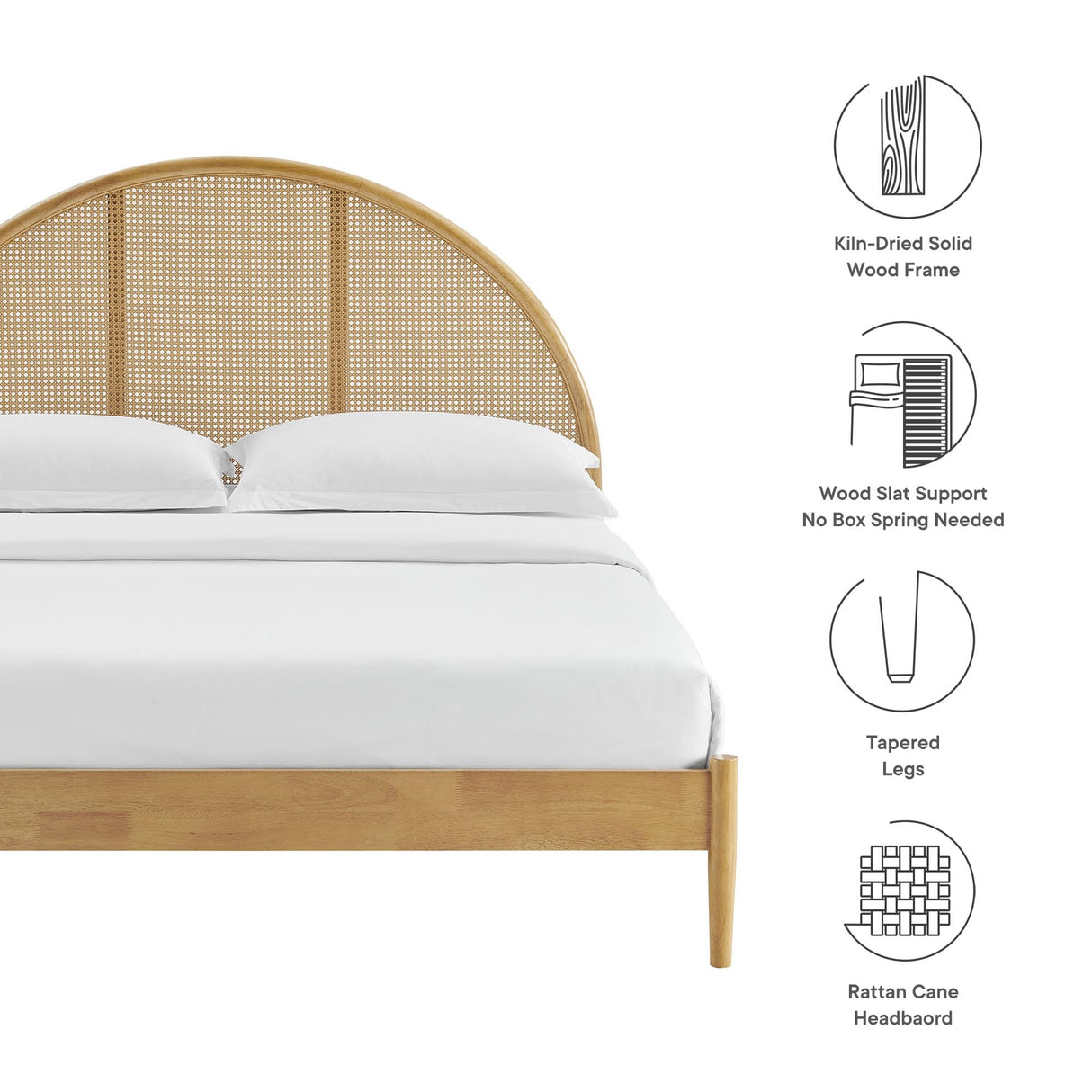 Modway Odette Arched Queen Platform Bed in Oak with Rattan Cane Headboard – Wooden Queen Half Moon Bed Frame – Mid-Century Modern Queen Size Platform Bed Frame Modway