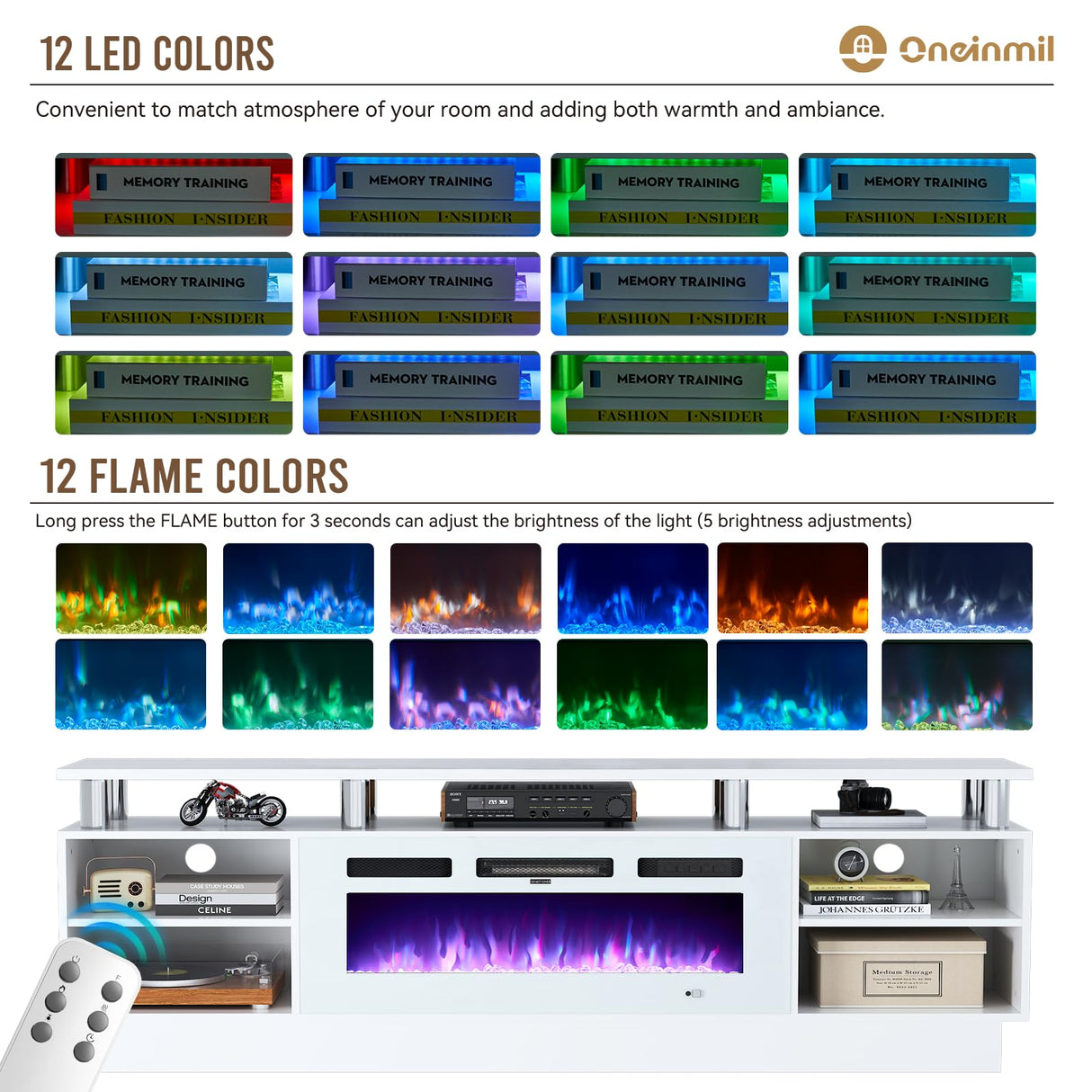 oneinmil Fireplace TV Stand with 36” Electric Fireplace, 70” 2 Tier TV Console Stand for TVs Up to 80", LED Light Entertainment Center, Fireplace for The Living Room TV Stand, White oneinmil