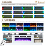 oneinmil Fireplace TV Stand with 36” Electric Fireplace, 70” 2 Tier TV Console Stand for TVs Up to 80", LED Light Entertainment Center, Fireplace for The Living Room TV Stand, White oneinmil